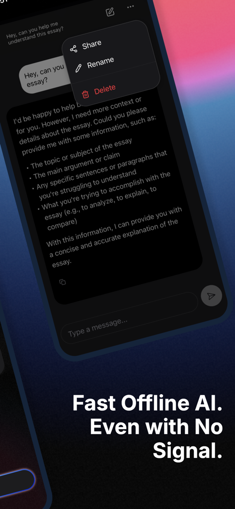 Whisper: On-Device AI - Interfaz de chat de la aplicación Whisper mostrando la IA en el dispositivo respondiendo a una solicitud sin conexión a internet