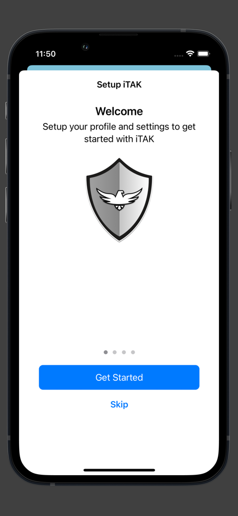 iTAK - Welcome and setup screen for the iTAK tactical geospatial app featuring a shield logo and a get started button