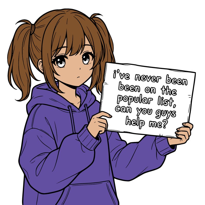 a cute anime girl with a sign saying  i’ve never been on the popular list, can you guys help me?
