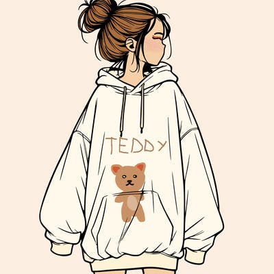realistic girl with a oversized sweatshirt on and a bun