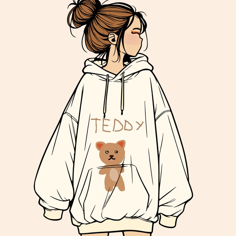 realistic girl with a oversized sweatshirt on and a bun