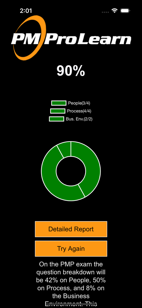 PMP 시험 준비 앱 퀴즈 결과 화면으로 90% 점수와 도메인별 성과 분석 표시