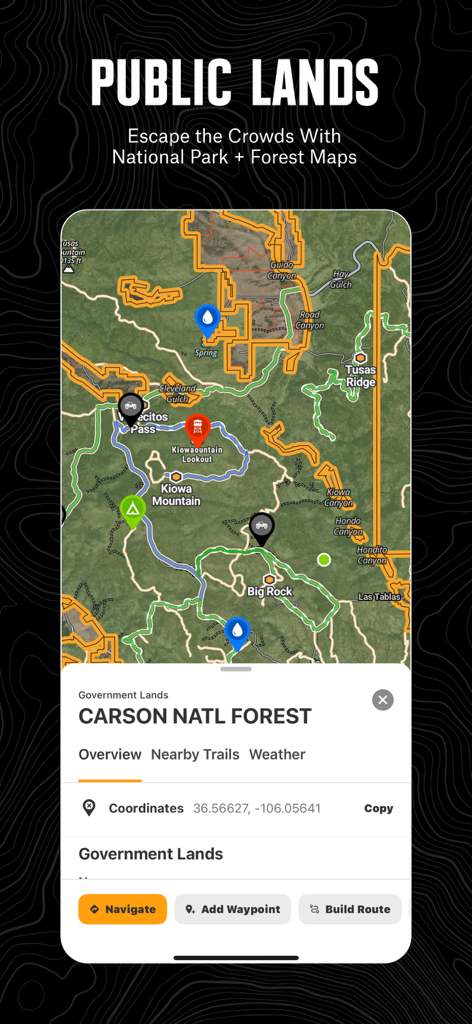 onX Offroad: Trail Maps & GPS - Interfaccia dell'app onX Offroad che mostra i confini delle terre pubbliche e le mappe dei sentieri per la Carson National Forest.