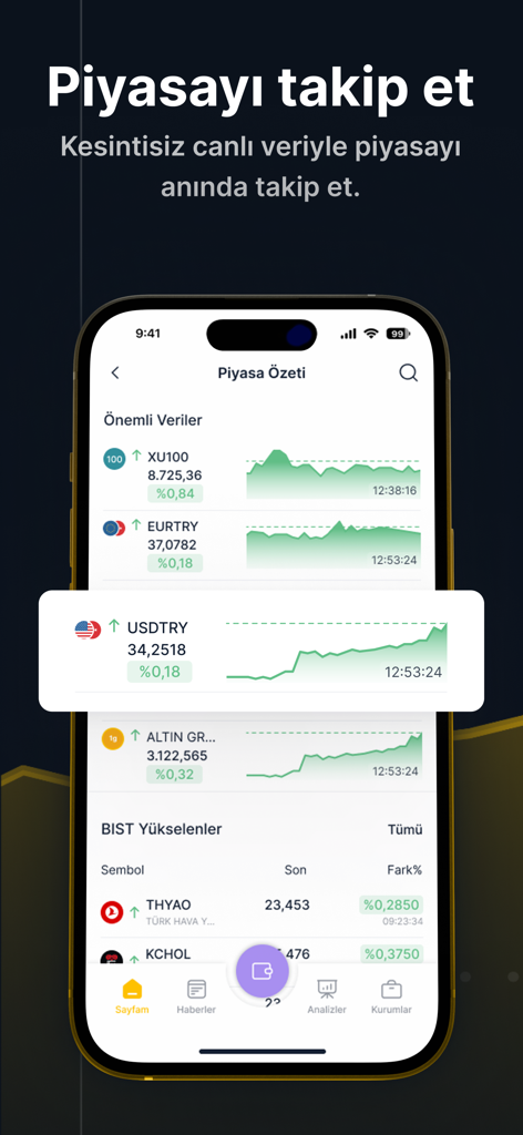 ForInvest: Piyasa Analizi - ForInvest mobile app interface showing real time market summary with currency and stock data