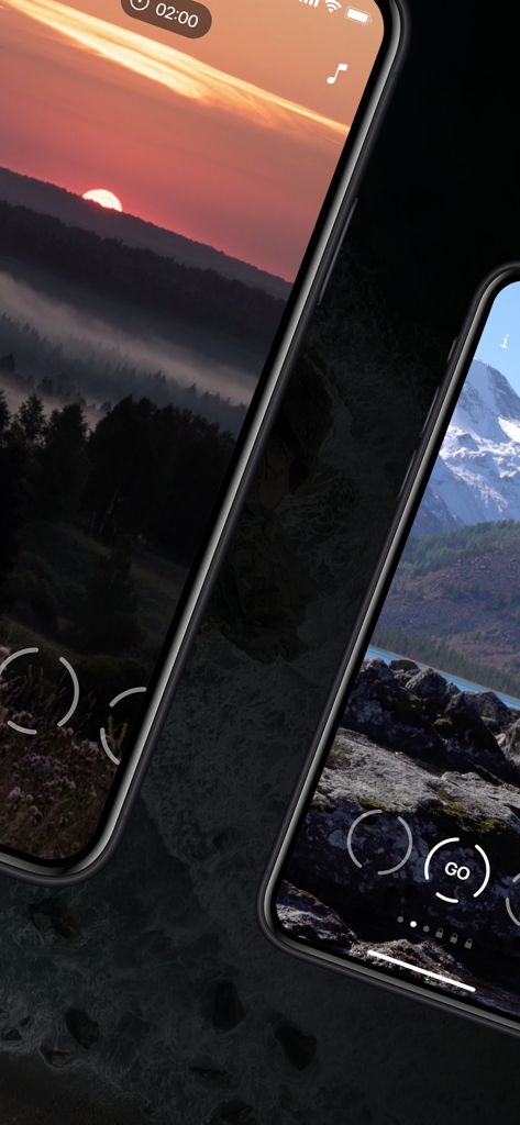 Smartphone screens showing Siberian nature landscapes and breathing exercise guides