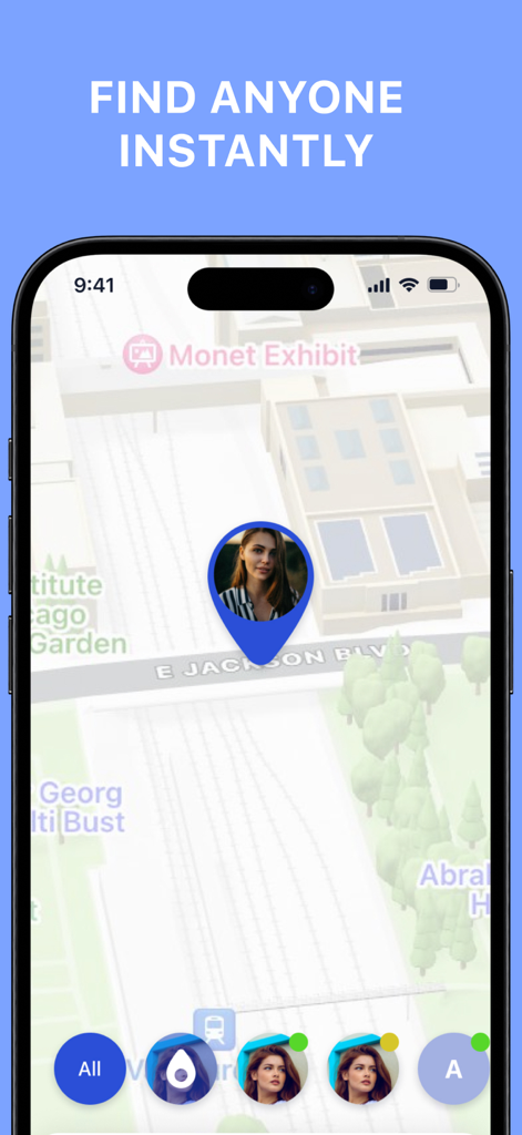 La aplicación GPS Localizador Familiar muestra un mapa con el pin de ubicación en tiempo real de una persona.