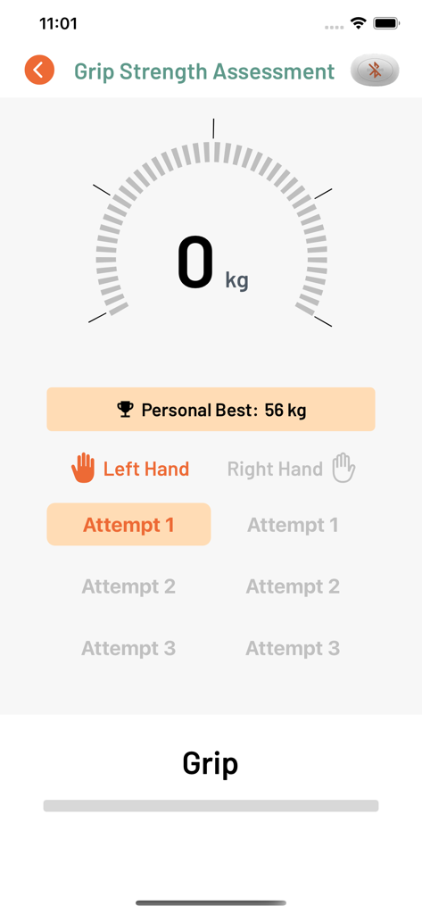 SQUEGG - SQUEGG app grip strength assessment interface showing a measurement gauge for the left hand and a personal best record