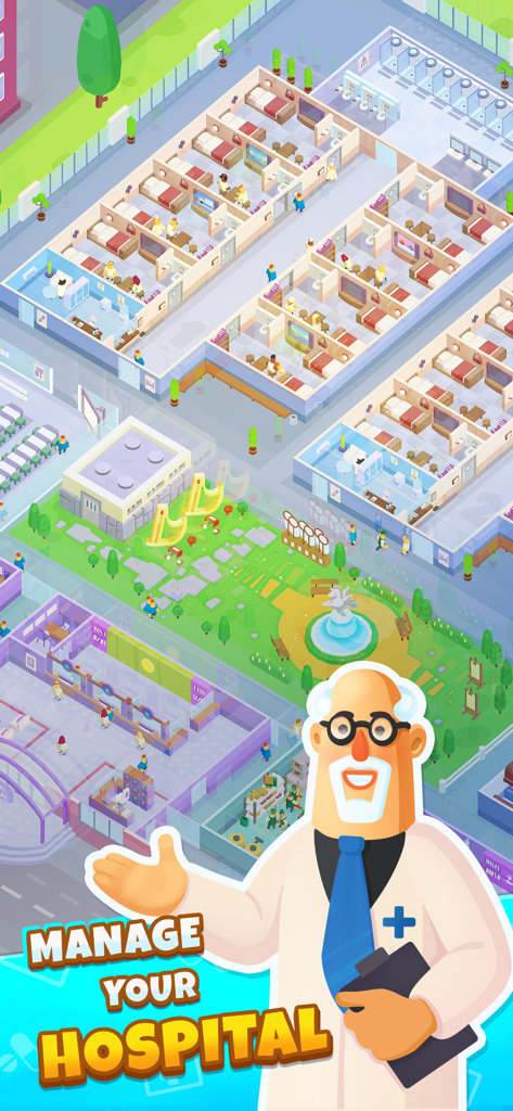 Isometric view of a mental hospital layout with a cartoon doctor character and the text Manage Your Hospital