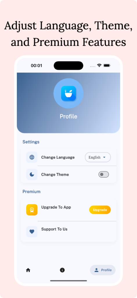 Fooducate - Food Safety - Fooducate food safety app profile settings screen for language and theme