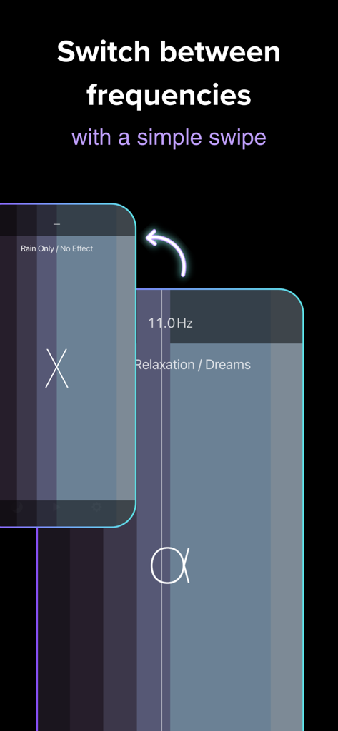 Echobay Heal: Binaural Beats - User interface showing how to switch between different binaural beat frequencies with a simple swipe