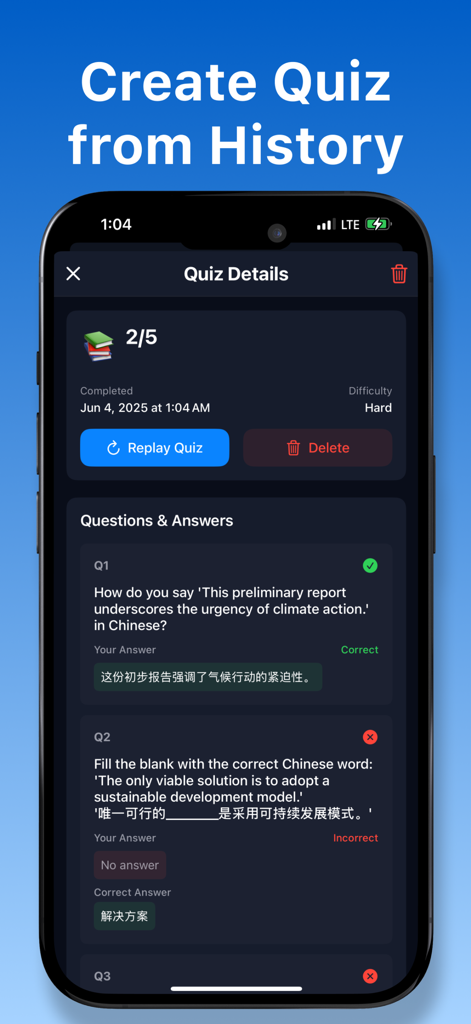 Translator* - Una pantalla que muestra un cuestionario de aprendizaje de idiomas generado a partir del historial de traducción en la aplicación Traductor.
