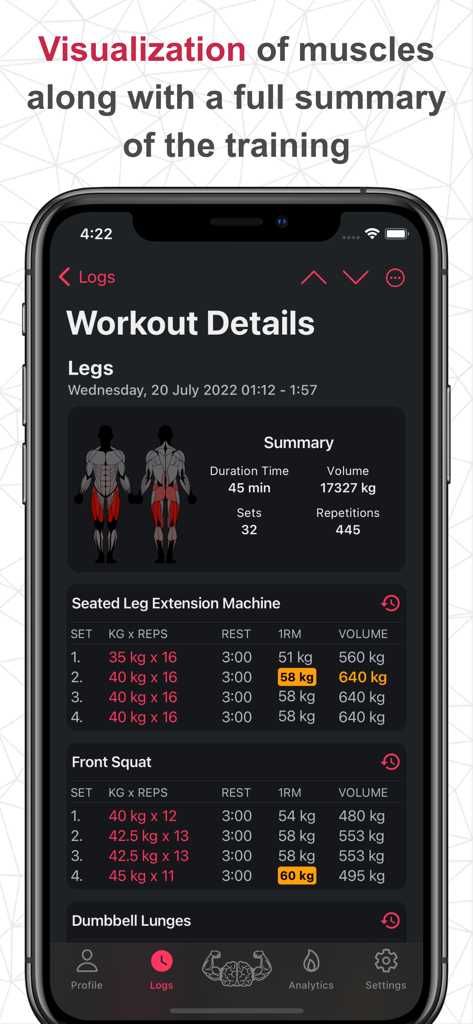 SmartWorkout - Gym Log Tracker - Pantalla de la aplicación SmartWorkout que muestra un resumen de entrenamiento con mapa muscular y registros de ejercicios.