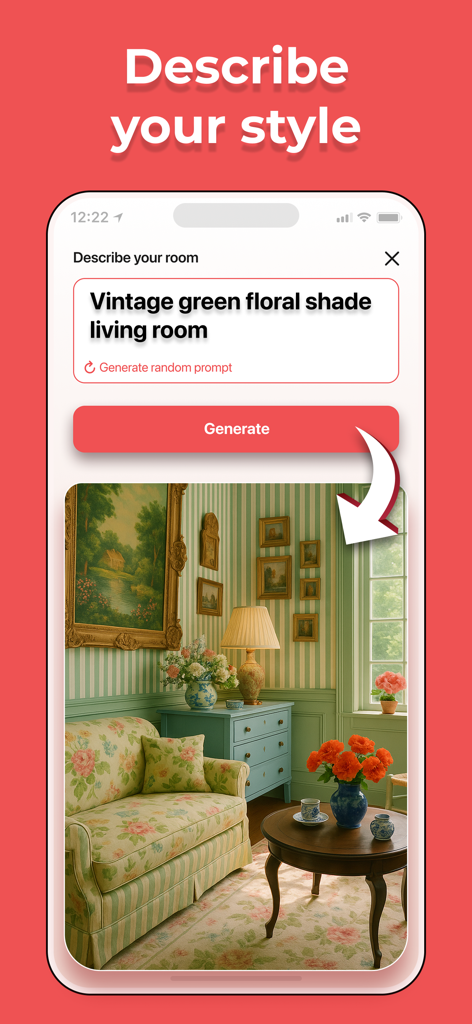 Decory - AI Home & Room Design - Decory app interface showing AI-generated vintage floral living room from a text prompt