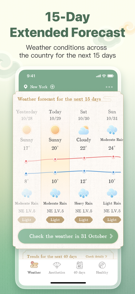 A screenshot of the Panda Weather app displaying a 15-day extended forecast with a minimalist Chinese aesthetic.