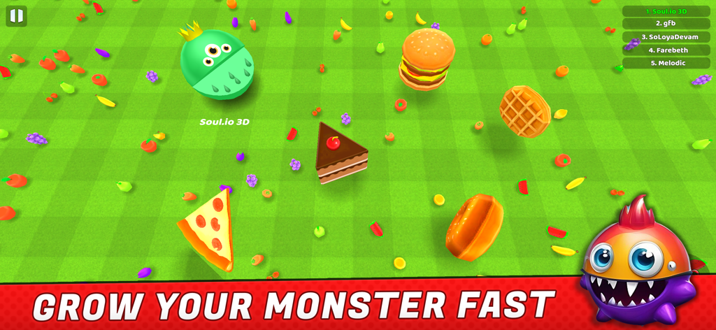 Soul.io 3D - .io Games For Fun - Jugabilidad de Soul.io 3D que muestra un personaje monstruo comiendo objetos de comida para crecer en una arena verde con una tabla de clasificación