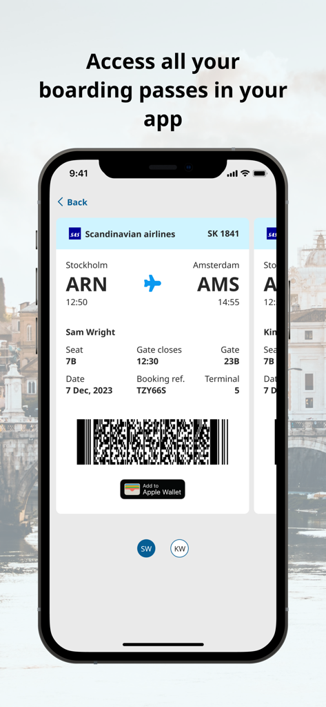 Gotogateモバイルアプリ内に表示されるスカンジナビア航空のデジタル搭乗券