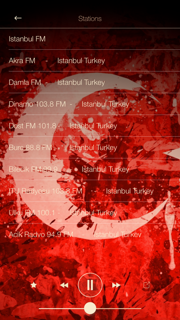 List of Turkish FM radio stations on the app interface with a red Turkish flag background