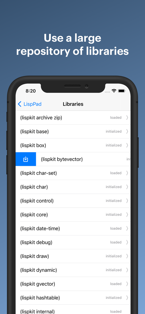 LispPad Go - Interface of LispPad Go displaying a list of available Scheme libraries