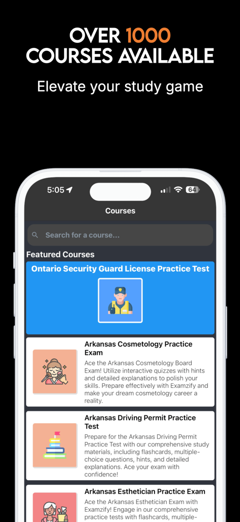 Examzify - Examzify mobile app interface displaying a list of featured practice exams for professional certifications like security guard and cosmetology