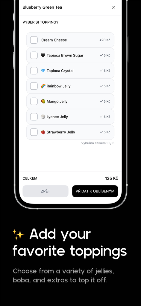 Lootea - A mobile app interface for selecting various boba tea toppings like tapioca and fruit jellies for a customized drink.