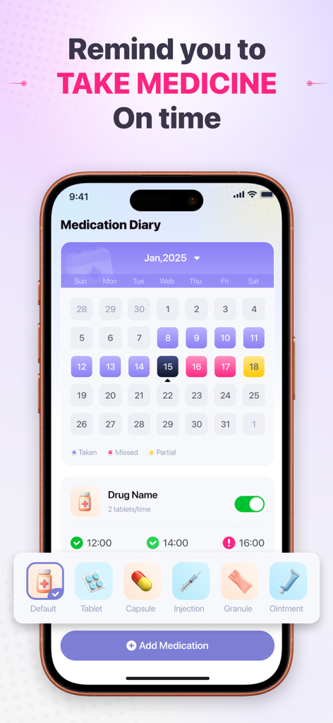 Health Monitor: Heart Rate - Interface de diário de medicamentos com visualização de calendário e lembretes de pílulas para gerenciamento diário da saúde
