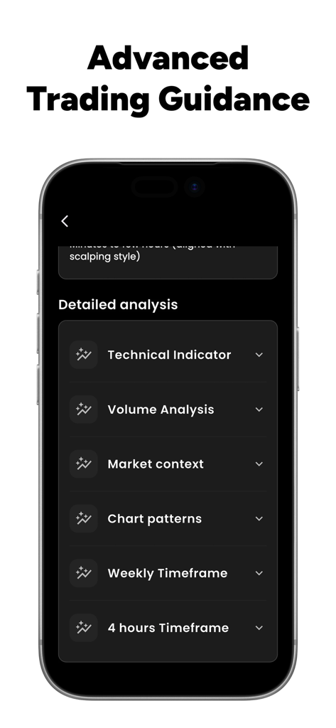 テクニカル指標と出来高分析を含む詳細な取引分析を示すモバイルアプリ画面