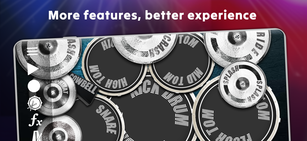 Drum Solo Studio - Una interfaz de kit de batería virtual en la aplicación Drum Solo Studio con varios tambores y platillos