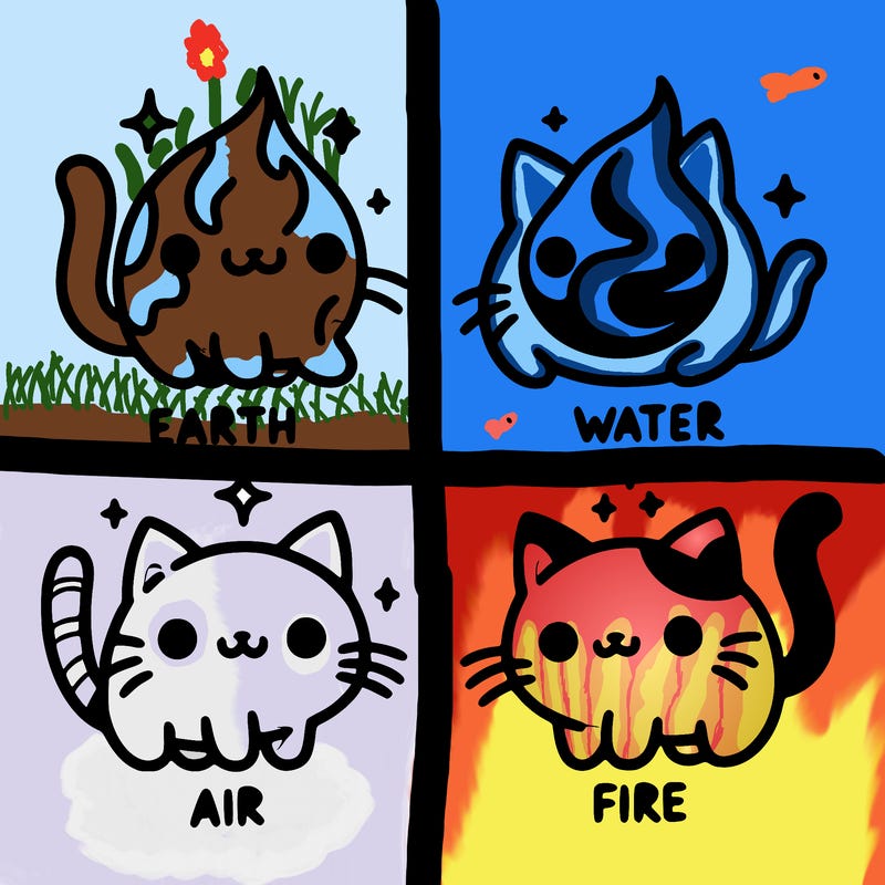 4 cats that represent the different elements, earth, water, air, and fire