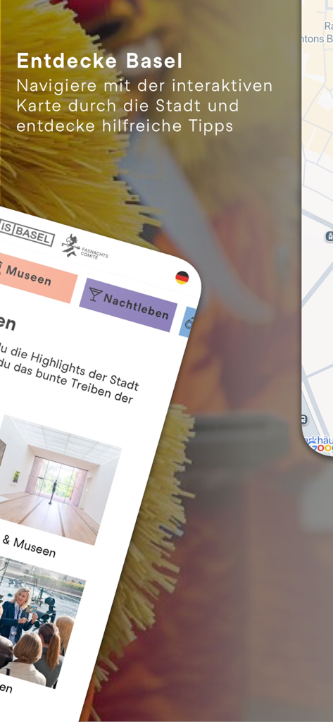 Interface of the Basel City Guide app showing an interactive map and cultural activity categories
