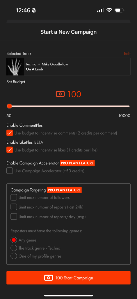 RepostExchange - Promote Music - Interface for starting a new music promotion campaign in RepostExchange showing track selection and budget settings.