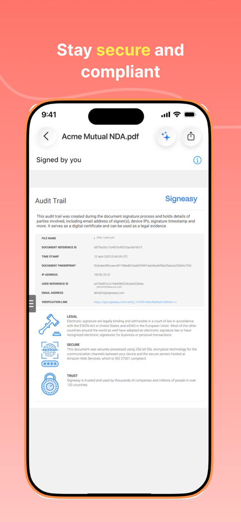 Signeasy－Sign Documents App - Benutzeroberfläche der Signeasy-Mobil-App, die eine Dokumenten-Audit-Trail für Sicherheit und rechtliche Compliance anzeigt.