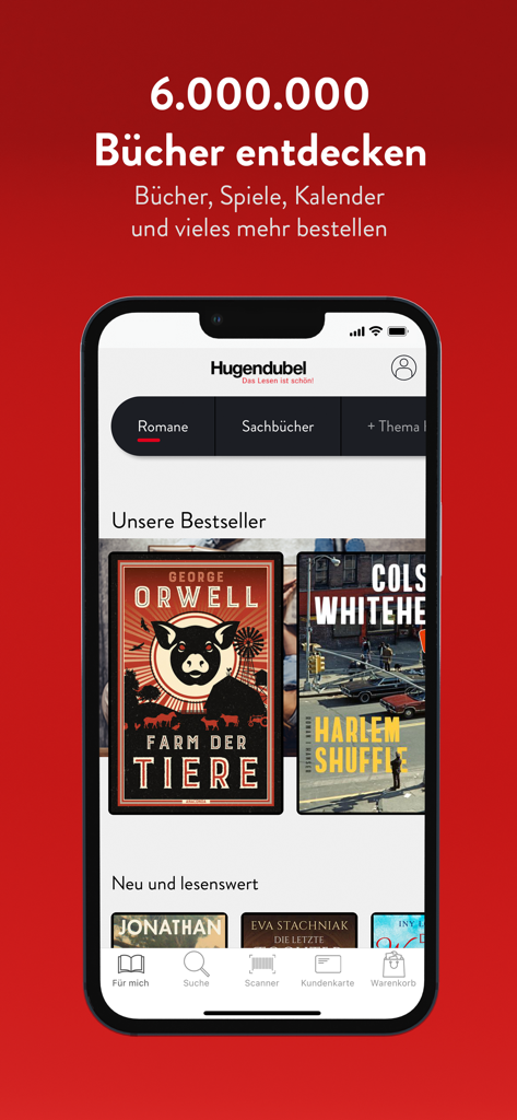 Hugendubel: Bücher & Buchtipps - Hugendubel mobile app home screen showing bestselling books and categories in German