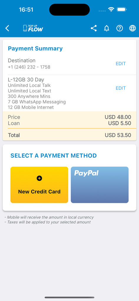 Topup Flow app payment summary screen showing plan details and options to pay with a credit card or PayPal