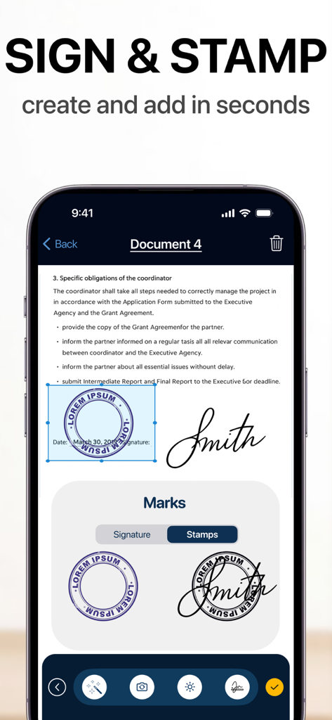 Scan photo to PDF & Sign Docs - Schermata di un'app mobile che mostra un documento con una firma digitale e un timbro
