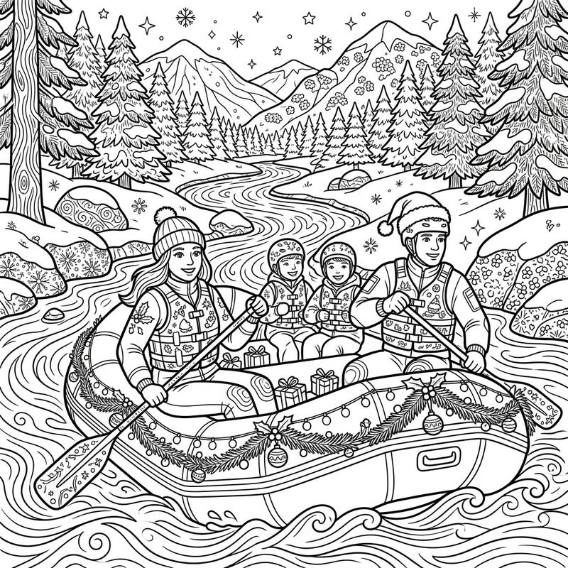 Dive into a unique winter wonderland with our River Guides Christmas coloring page, featuring a family rafting through a festive, snowy landscape. This delightful design combines the thrill of adventure with the warm spirit of the holidays, ready for your creative touch.