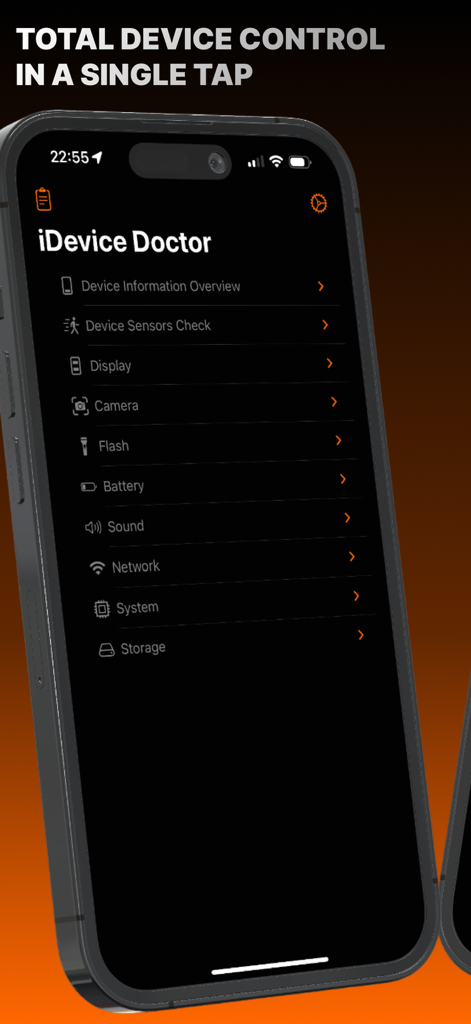 iDevice Doctor - Main menu of the iDevice Doctor app showing hardware and software diagnostic categories on an iPhone
