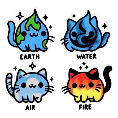 4 cats that represent the different elements, earth, water, air, and fire
