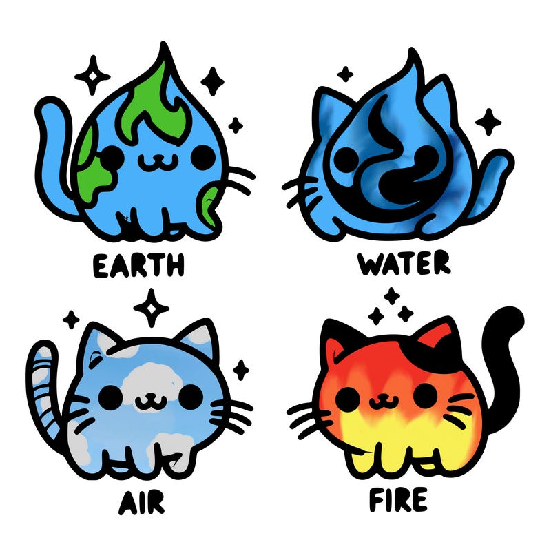 4 cats that represent the different elements, earth, water, air, and fire
