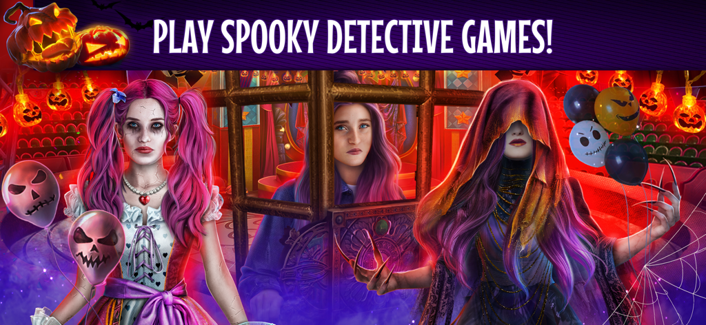 Promotional banner for Gloomy Tales Halloween mystery game featuring spooky characters and jack-o-lanterns.