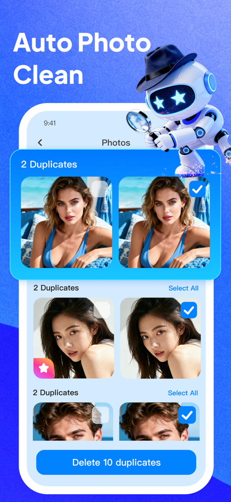 Smart Cleaner-Ai Cleaner - Interface do aplicativo Smart Cleaner mostrando um assistente de robô de IA identificando e selecionando fotos duplicadas para exclusão