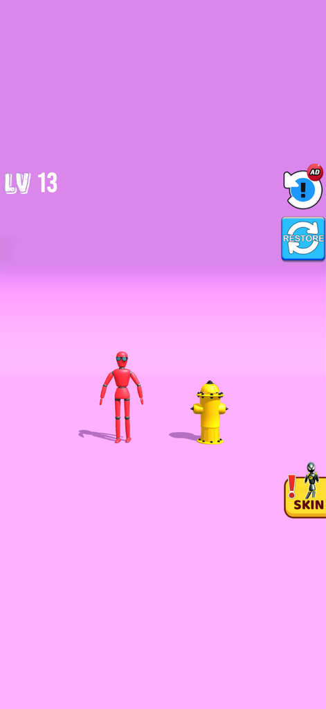 Kick & Break Ragdoll Simulator - A red ragdoll character standing next to a yellow fire hydrant on level 13 of the game