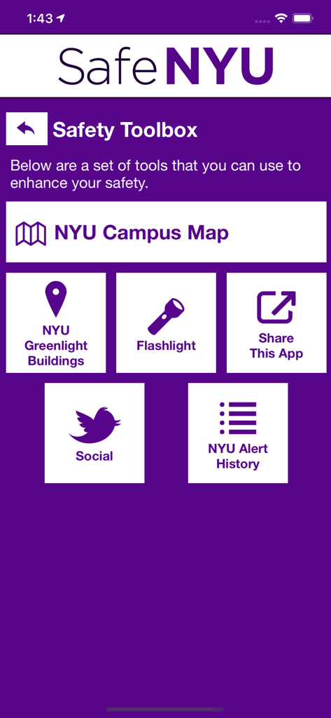 La interfaz de la Caja de Herramientas de Seguridad de la aplicación Safe NYU con iconos para el mapa del campus, linterna e historial de alertas