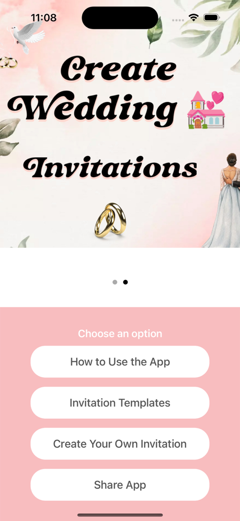 Menú principal de la aplicación Creador de Invitaciones de Boda que muestra opciones para plantillas de invitaciones y creación de tarjetas personalizadas.