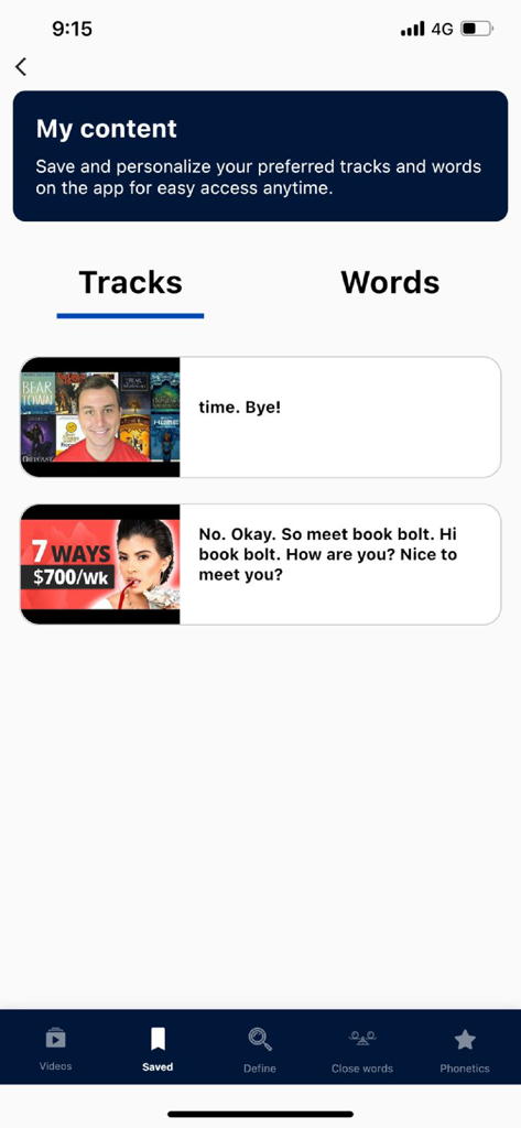 YouGlish - Interface of the YouGlish app showing the My Content screen with saved video tracks and search history