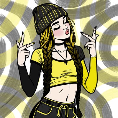 realistic teenage girl with braids and a beanie and crop top doing 🫶🏼