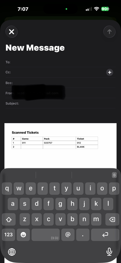 A new message screen showing a scanned tickets report ready to be sent as an email attachment.