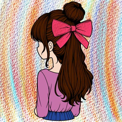 realistic girl  with hip length hair a bun and a big bow on the back of head