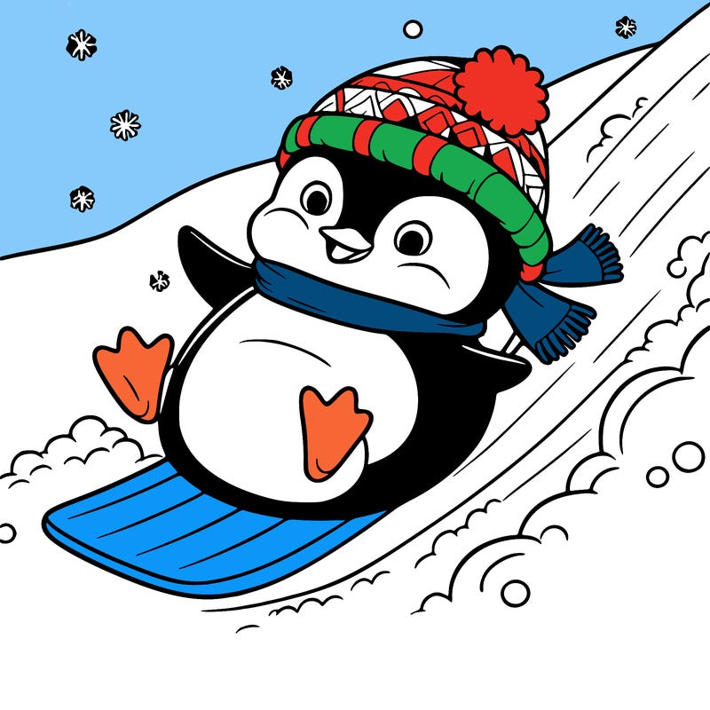 penguin sliding down a snowy hill