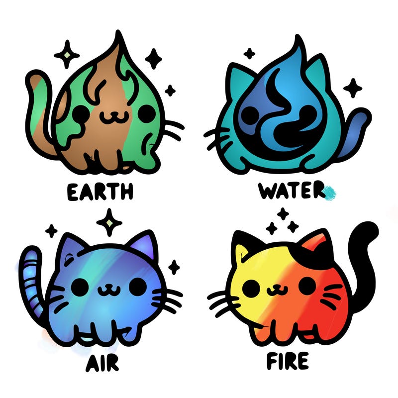 4 cats that represent the different elements, earth, water, air, and fire