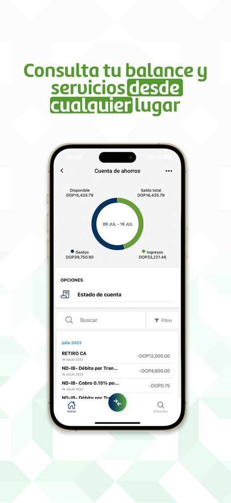 Abonap - Pantalla de la aplicación de banca móvil Abonap que muestra el saldo de la cuenta de ahorros y el historial de transacciones en español